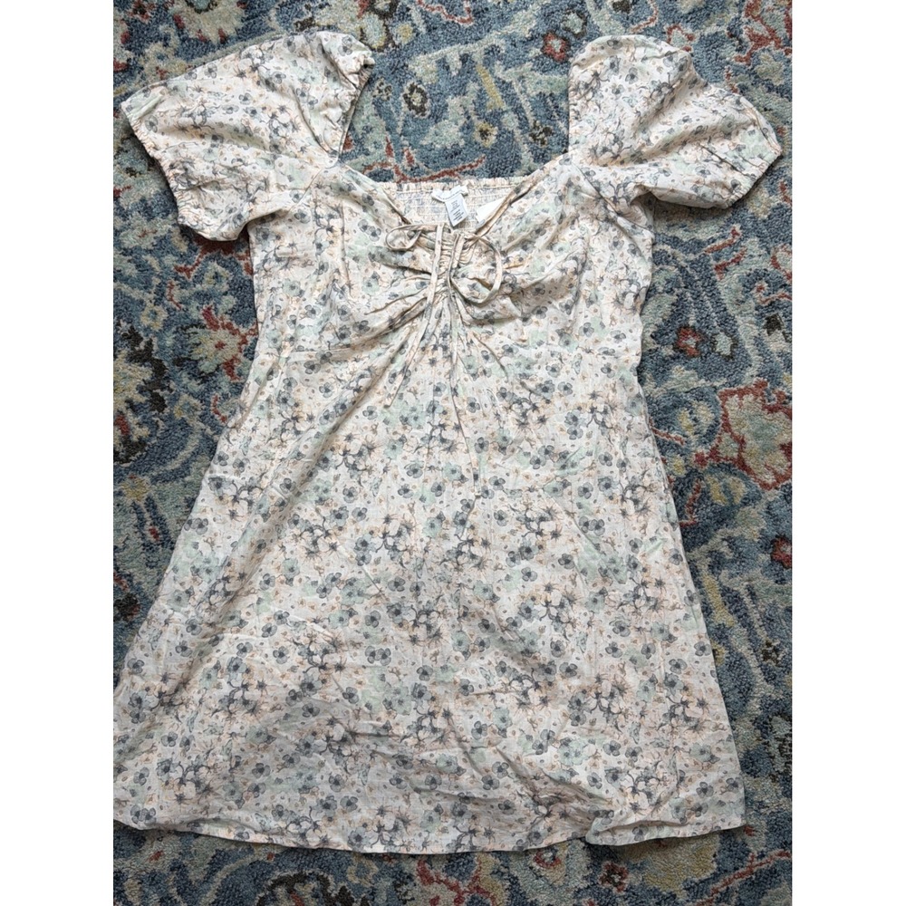 H&M Linen Blend Dress Women XL Cream Floral Puff‎ Sleeve Tie Front NWT